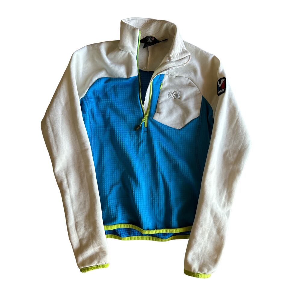 Millet Small Pullover White Quarter Zip Fleece with Blue Waffle Lime Green Zip